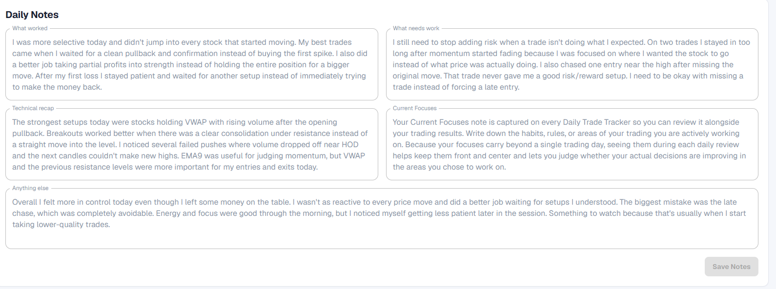 TradersLink daily session notes for what worked, what needs work, technical recap, and current focuses