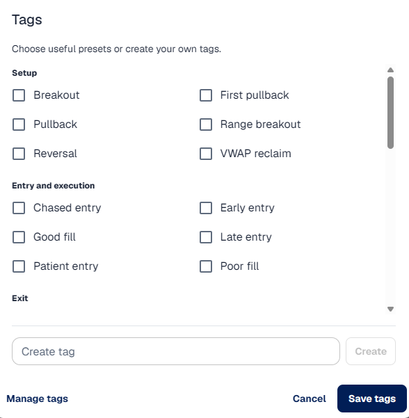 TradersLink tag selection for trading setups, execution, exits, and emotions