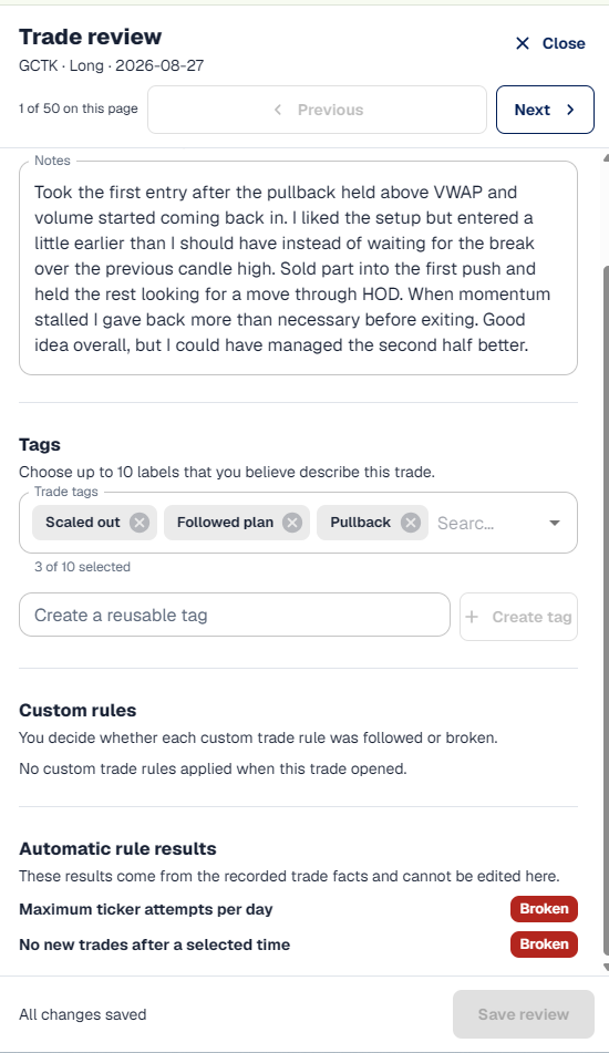 Trade review drawer with notes, Trade Tags, custom rules, and automatic Rule Results