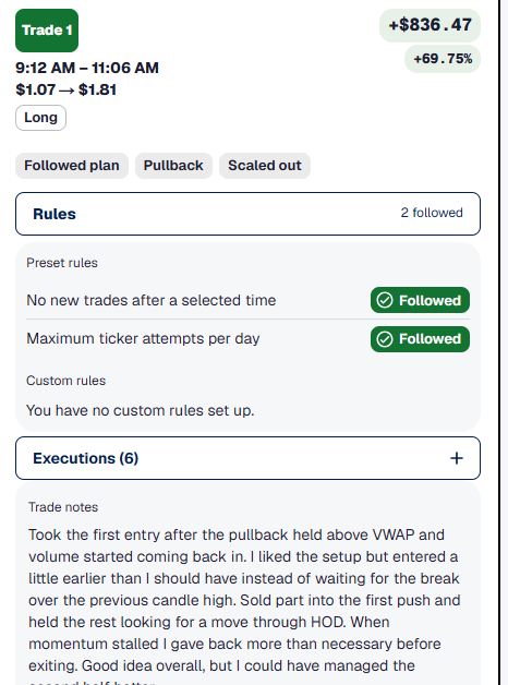 Expanded trade inside its ticker card with notes, tags, rules, and executions