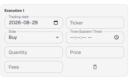 Manual execution fields for date, ticker, side, time, quantity, price, and fees