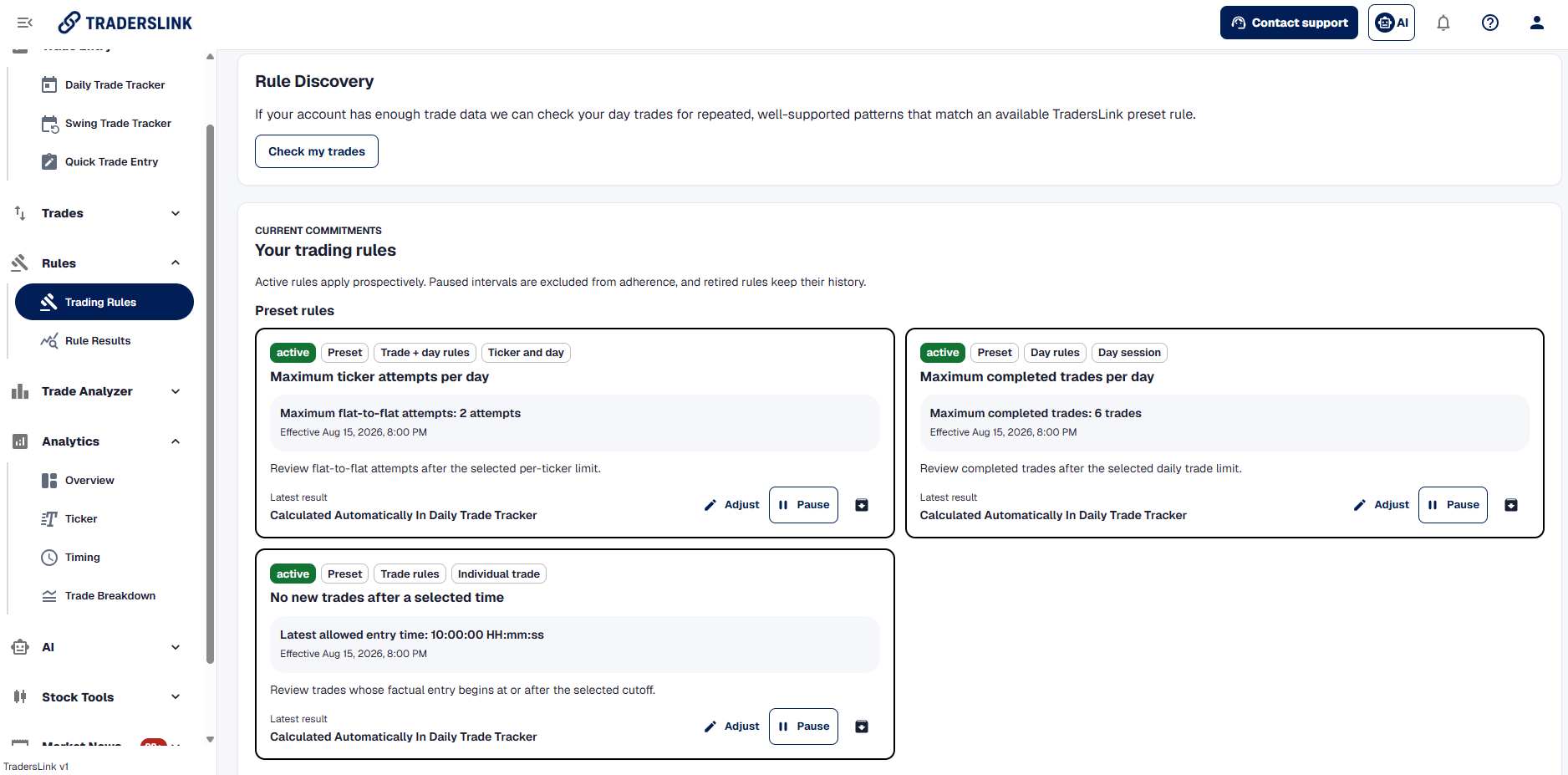 TradersLink Trading Rules in the dashboard